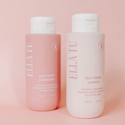 The Ellatu Silky Touch Shampoo and Condioner, formulated for dry, damaged, frizzy hair. Experience the power of Fiberhance, Hyaluronic Acid, Castor and Moringa oil for healthier, stronger, softer hair.
